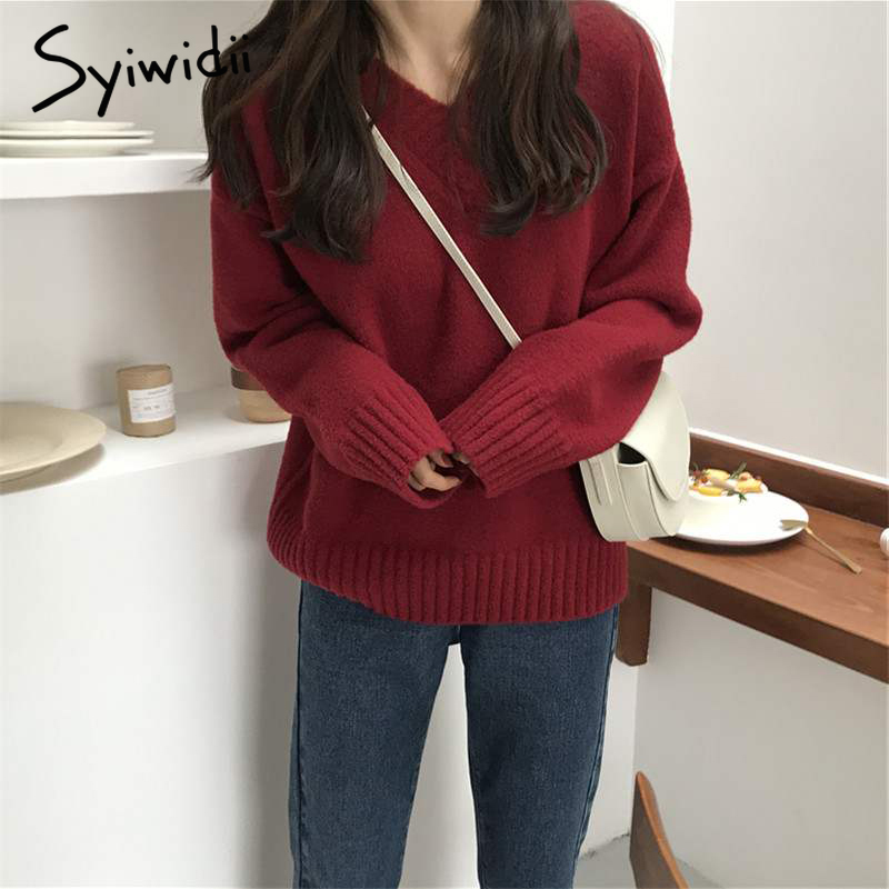 syiwidii new sweater women knitted ribbed V-Neck female pullovers women solid fashion korean tops autumn winter oversize sweater