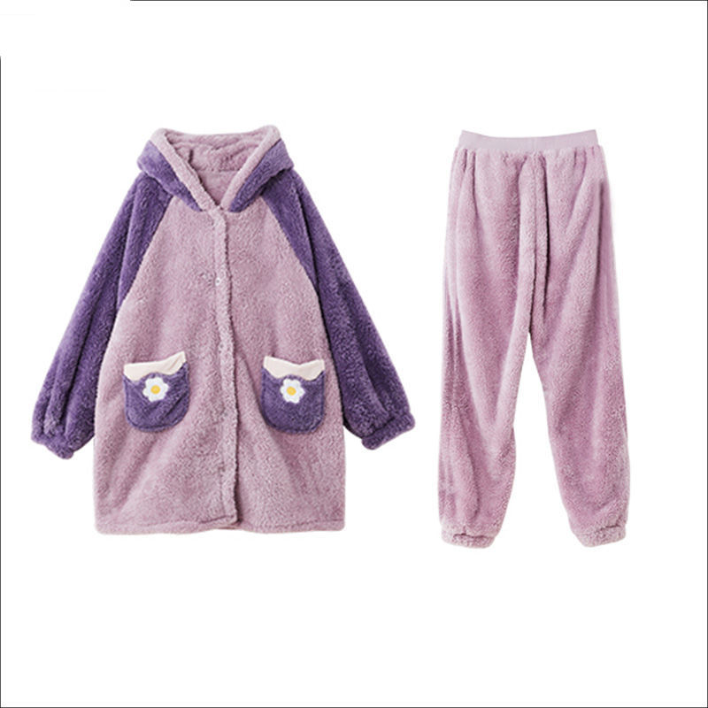 Cartoon Duck Hat Couple Pajamas Women Flannel Sleepwear Men's Home Service Suits Autumn and Winter Thickened Hooded Nightgown