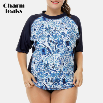 Charmleaks Women Short Sleeve Rashguard Retro Floral Print Swimsuit Shirt Womens Plus Size Swimwear UPF50+ Rash Guard Beach Wear