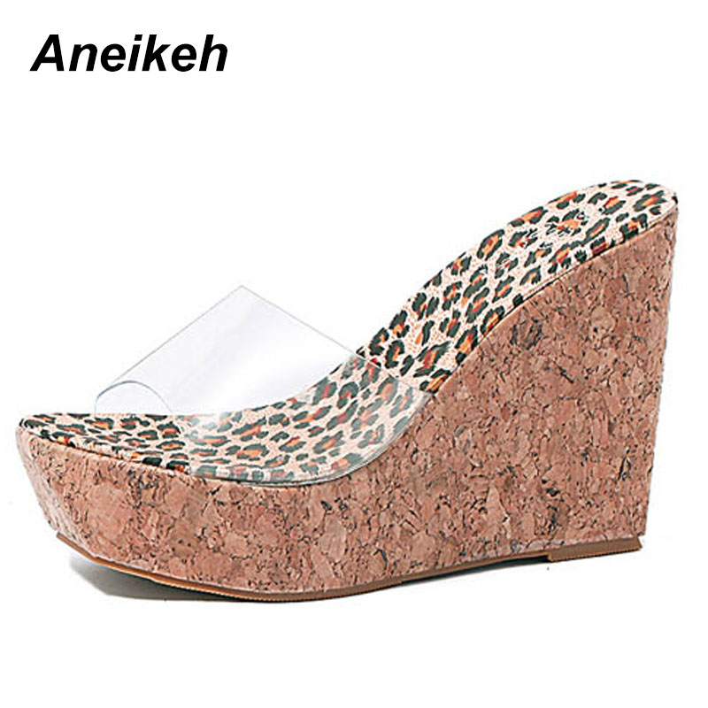 Aneikeh Sexy Summer Women Clear Transparent Platform Wedges Sandals Ultra High Heels Wooded Mule Silde Shoes Outdoor Creepers