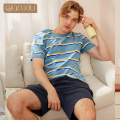 Summer Two-Piece Men Casual Striped Pajama sets Cotton Sleepwear suit Men's O-neck collar short sleeve t shirt & Half Pants