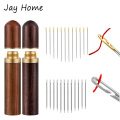 Round Wooden Needle Case with 12pcs Self Threading Needles DIY Crafts Sewing Needle Tubes Storage Case Embroidery Sewing Tools