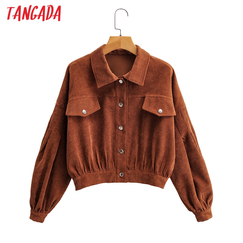 Tangada women short bomber jacket corduroy female long sleeve buttons ladies oversized jackets outwear 1F173