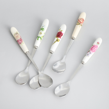 1Pcs Luxury Retro Ceramics Coffee Spoon Stainless Steel Ice Cream Dessert Rose Flowers Pattern Scoop Household Kitchen Supply