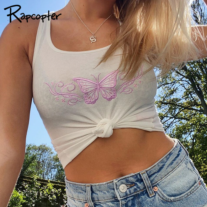 Rapcopter Cute Women Butterfly Embroidery Crop Top Sleeveless Off Shouder Casual Tank Tops 2020 Summer Top Harajuku Streetwear