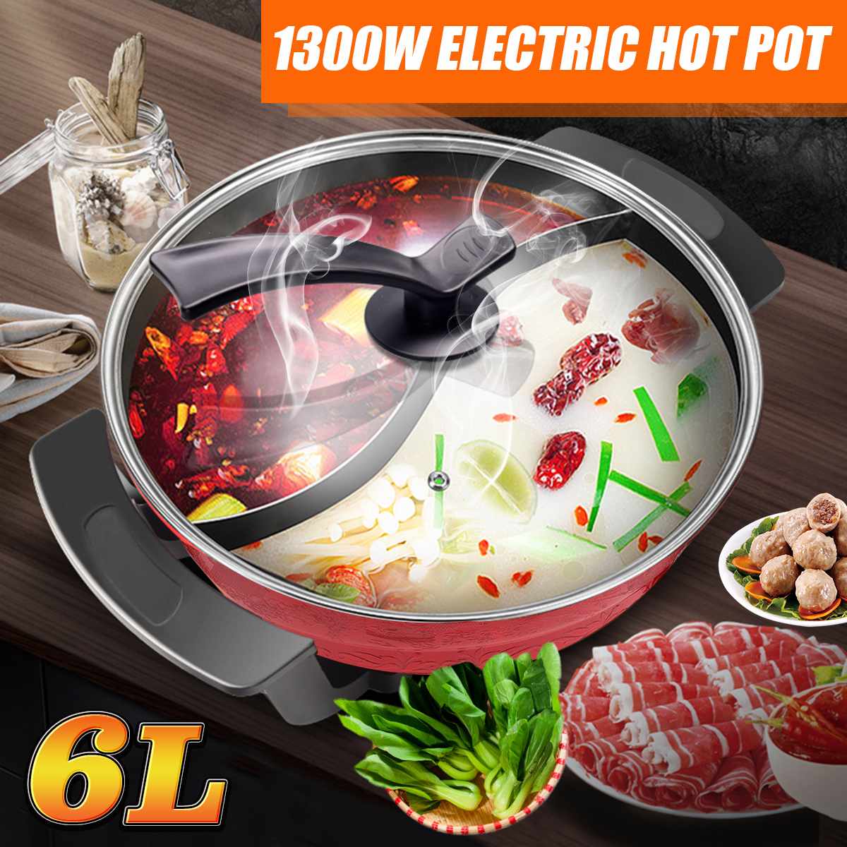 220V 1300W 6L Electric Hot Pot 32cm Kitchen Soup Stock Pot Cookware Non-stick For Induction Cookers Cooking Pot