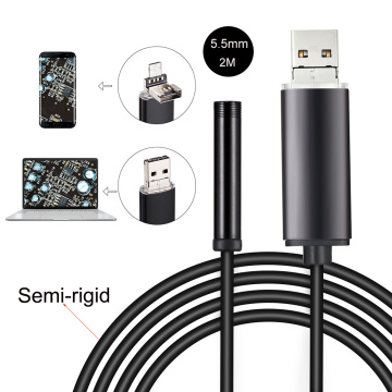 2M Semi-Rigid USB Endoscope 0.3MP Borescope 5.5mm Probe Camera Waterproof Inspection Borescope 6 LEDs USB Wire Snake Tube Camera