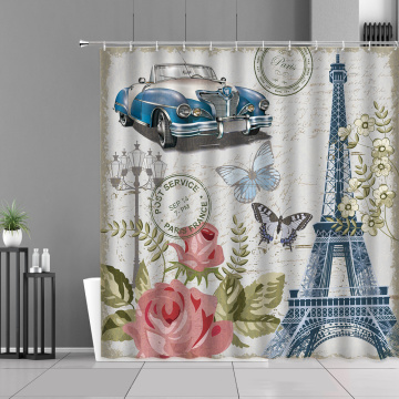 Paris Tower Vintage Car Shower Curtains Butterfly Rose Flower Plants Racing Retro Style Bath Curtain Home Decor Bathroom Product