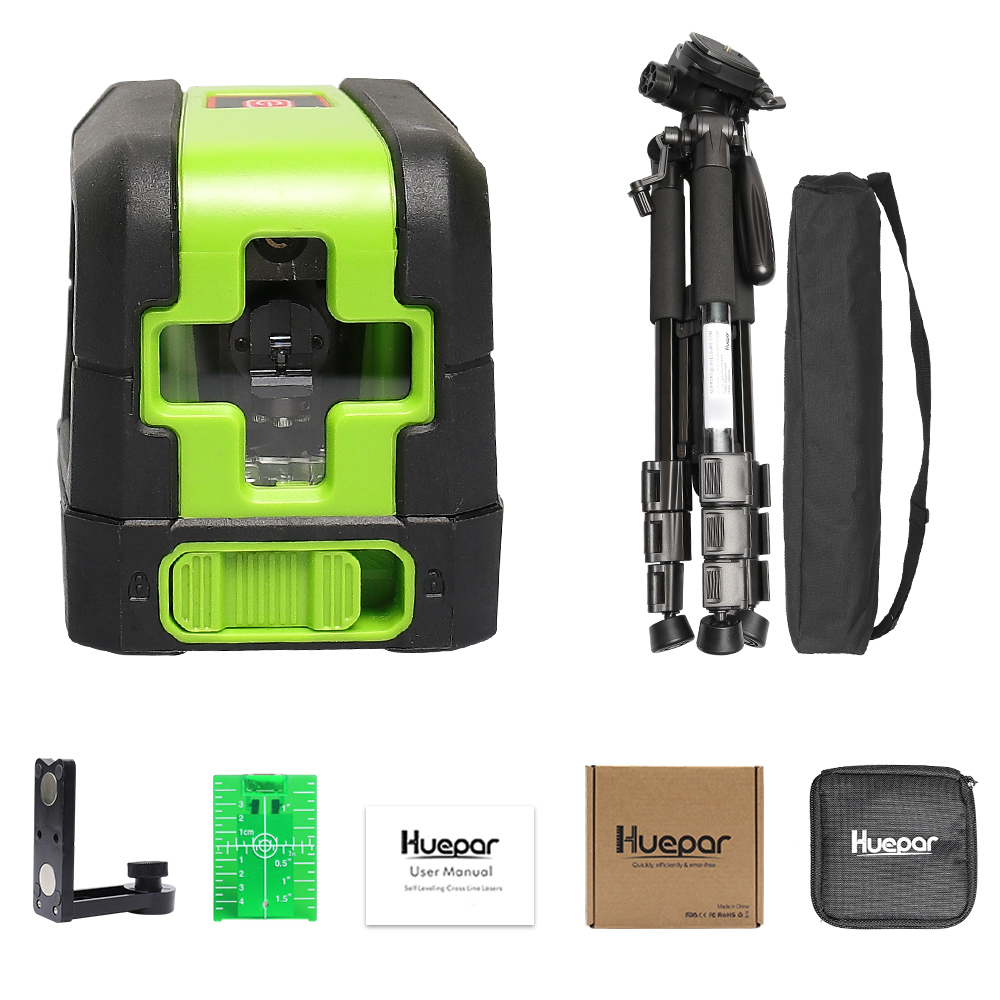 Huepar Green Beam Cross Line Laser Self-Leveling Laser Level + Multi-function Travel Camera Adjustable Laser Level Tripod