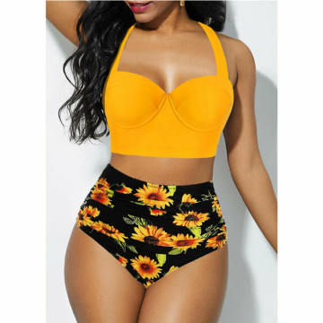 Plus Size Bikinis 2020 Women Push Up Bikini Set Padded Bra Swimwear Sunflower Bandage Hihg Waist Swimsuit Bathing Suit