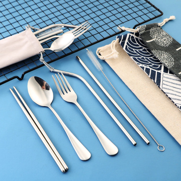 6pcs Stainless Steel Dinnerware Set Spoon Fork Chopsticks with Metal Straw Reusable Travel Camping Cutlery Set Portable Case