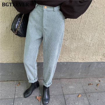 BGTEEVER Spring Summer Women Corduroy Pants Vintage High Waist Female Straight Pants Casual Women Trousers Capris 2020