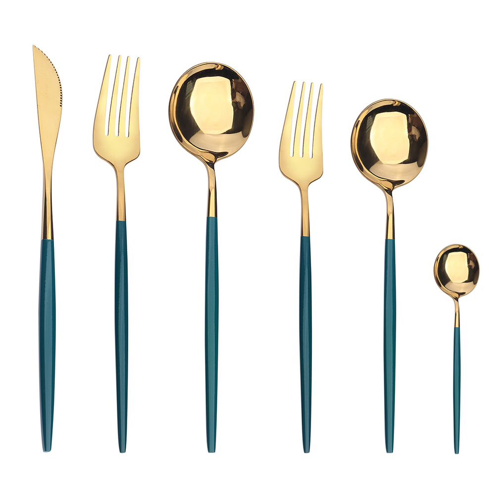 6pcs Dinner Cutlery Set Dinnerware Green Gold Tableware Stainless Steel Utensils Dessert Fork Knife Tea Spoon Table Silverware
