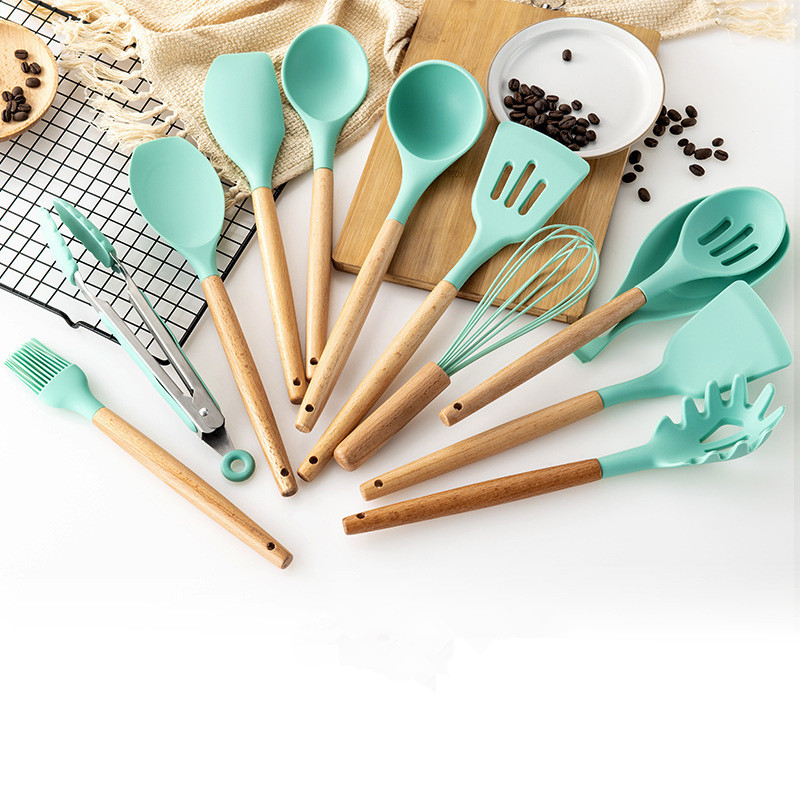 9/11/12PCS Silicone Cooking Utensils Set Non-stick Spatula Shovel Wooden Handle Cooking Tools Set with Storage Box Kitchen Tools