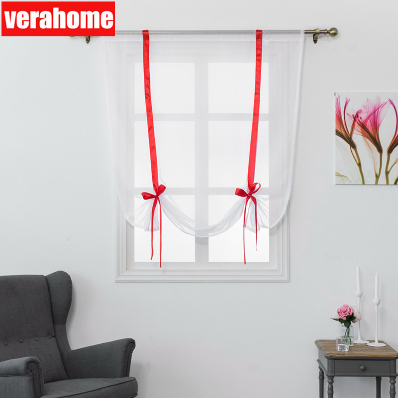 Verahome solid Roman curtains short kitchen valance curtains sheer fabric panel modern curtains Treatments window Red ribbon