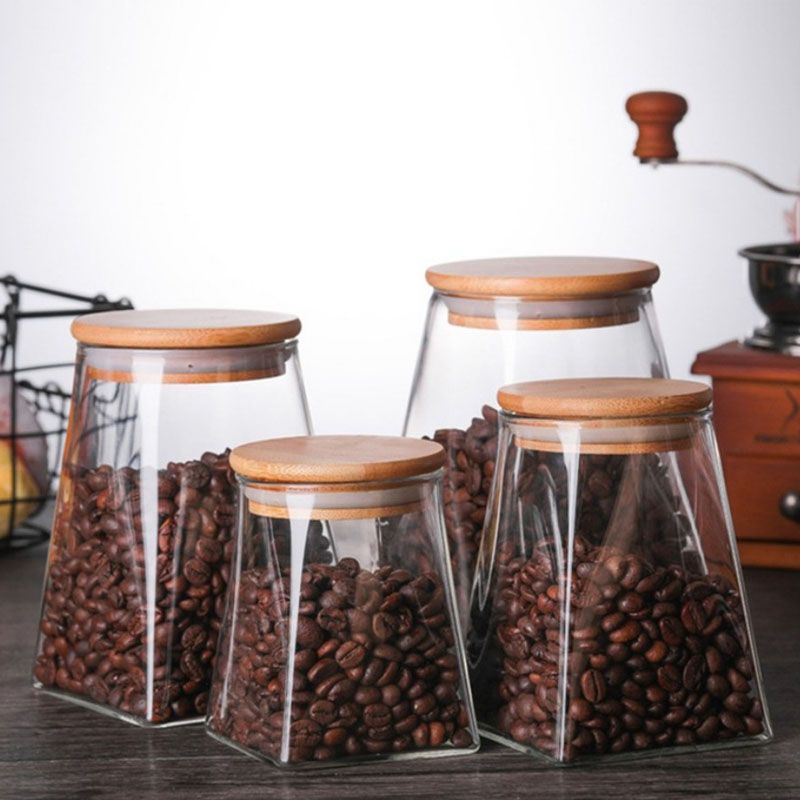 Kitchen Storage Glass Jars Coffee Jar Tea Sugar Bottle Cereals Sealed Tank Household Square With Wooden Lid Containers For Food