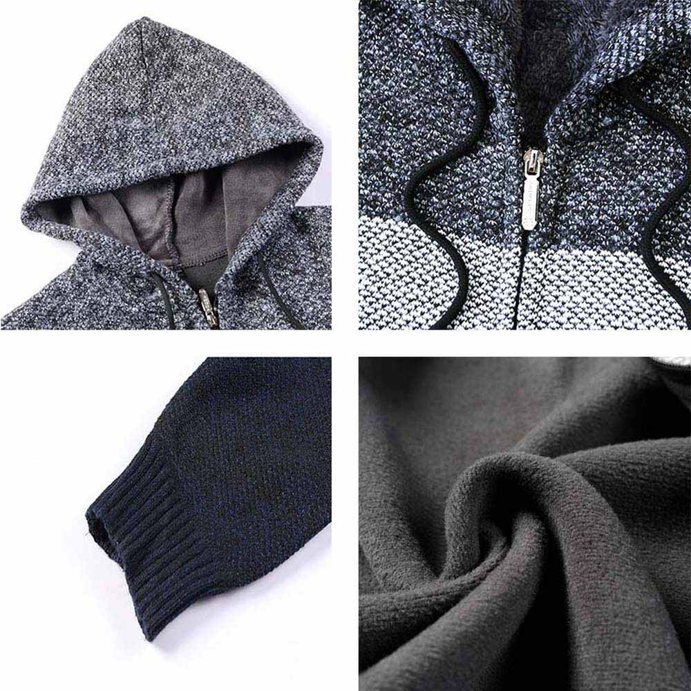 FALIZA Mens Sweater Coat Thick Warm Zipper Wool Hooded Cardigan Jumpers Male Striped Jackets Long Sleeve Casual Knitwear XY106