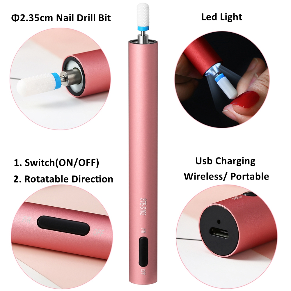 Electric LED Nail Drill Pen Mini Manicure Machine Bit Set Diamond Milling Cutter Removing Gel Varnish Nail Sanding Bands Tools