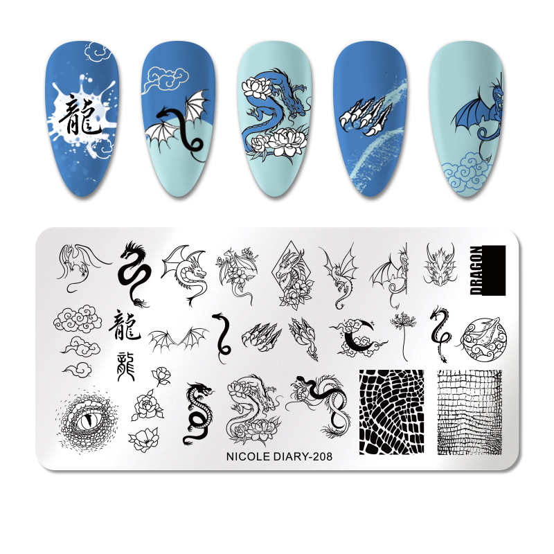 NICOLE DIARY Snake Dragon Leopard Nail Art Stamping Plates Geometric Lines Flower Leaves Stamp Templates Printing Stencil Tool