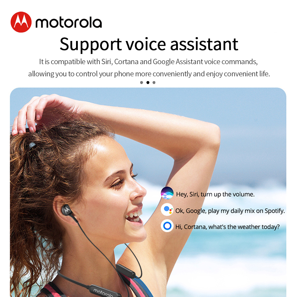 Motorola Wireless Earphone Bluetooth 5.0 IPX5 Waterproof Neckband Headphone support Voice Command Alexa, Siri, Google Assistant