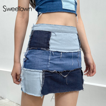 Sweetown Patchwork Contrast Color Denim Skirts Woman Preppy Style Girls' 90s Streetwear High Waisted Mini Jeans Skirt Blue