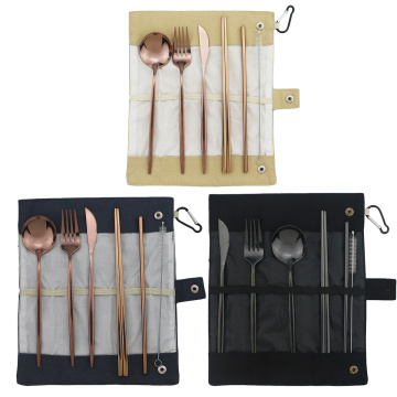 Rose Storage Bag Portable Dinnerware Set Stainless Steel Set Knife Fork Spoon Chopsticks Straw Travel Camping BBQ Dinnerware Set