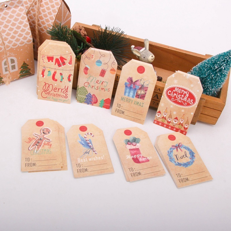 50PCS Merry Christmas Multi Types Paper Hanging Tags With Rope DIY Crafts Cards Christmas Party Labels Gift Wrapping Supplies