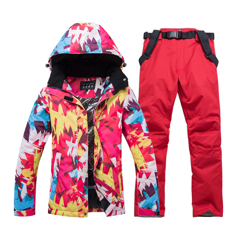 -30 Women's Snow Suit Wear Winter Outdoor Sports Girl Costume Snowboard Clothing Waterproof Ski Sets Jacket + Strap Pant Female