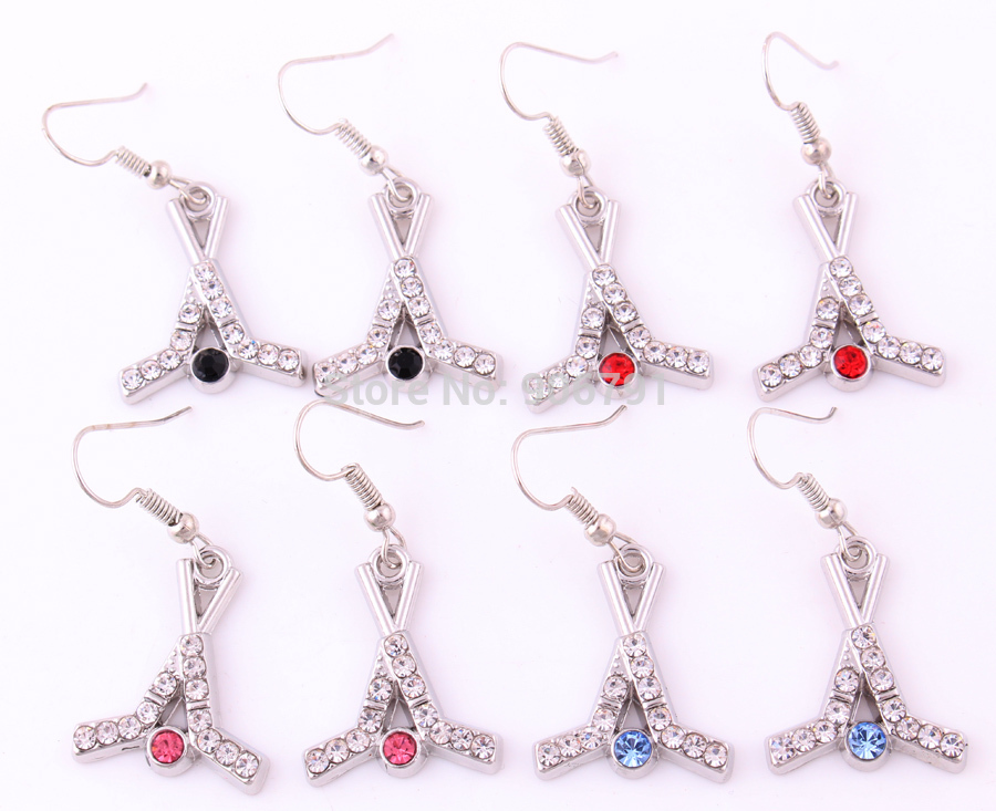 Newest Styles zinc alloy rhodium plated crystal Hockey Sticks & Puck Earrings