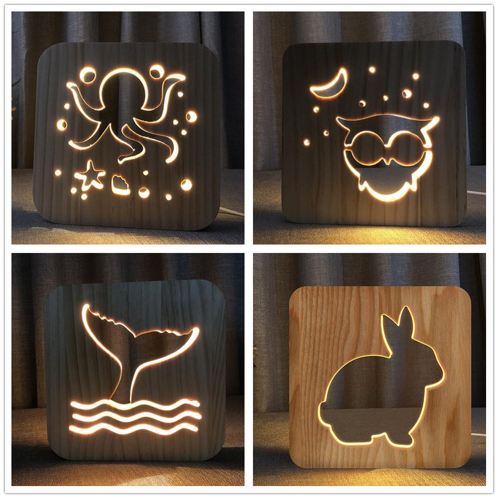 Octopus Owl Whale Tail Rabbit 3D Wooden Lamp Warm White Night Lights Home Bedroom Decor Table Lamp Gift for Kids Friends