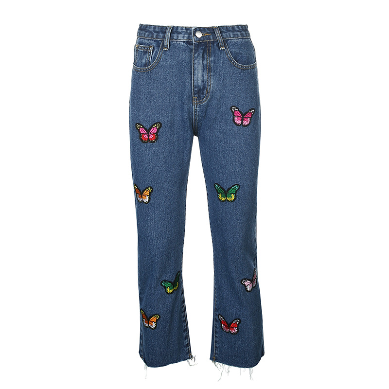 Women's Jeans Woman Cowboy Female Loose Long Trousers 2020 Casual Straight Jeans Butterfly Embroidered Denim Pants Streetwear