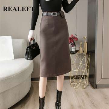 REALEFT 2020 New Autumn Winter Solid Woolen Women Wrap Skirt with Belt Fashionable Split Office Ladies High Waist A-Line Skirts