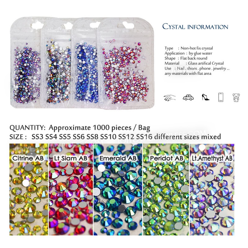 Stunning unusual quanlity! Multi colors crystal AB SS12-SS30 Non Hot Fix Rhinestone flat back strass nail glitters garment stone