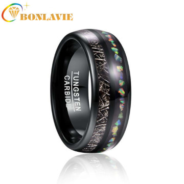 BONLAVIE 8mm Width Men's Ring Imitation Vermiculite Opal Granules Fully Polished Electroplated Black Dome Tungsten Carbide Ring