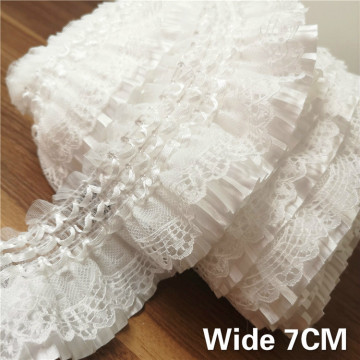 7CM Wide Exquisite White Lace Embroidery Ribbon Elastic Ruffle Trim Collar Sewing Clothing Skirt Headwear Applique Guipure Decor