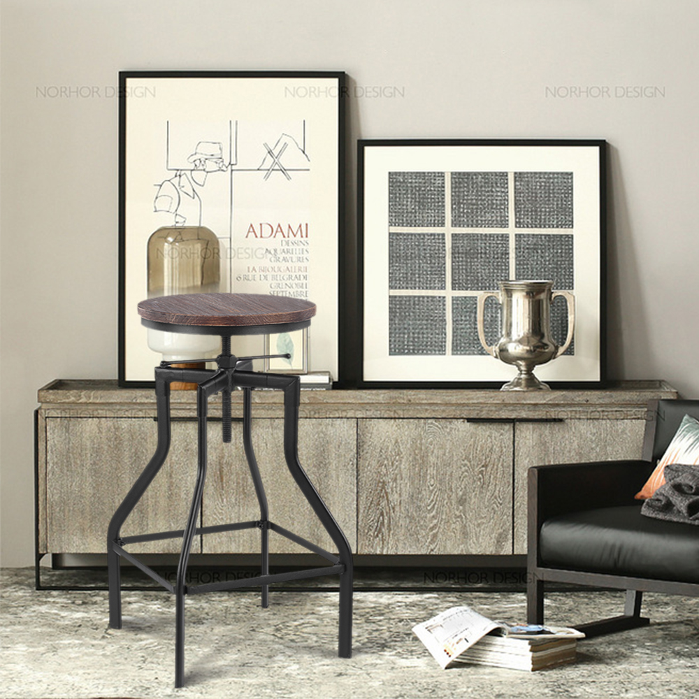iKayaa Height Adjustable Swivel Bar Stool Industrial Style Natural Pinewood Top + Metal Kitchen Dining Chair