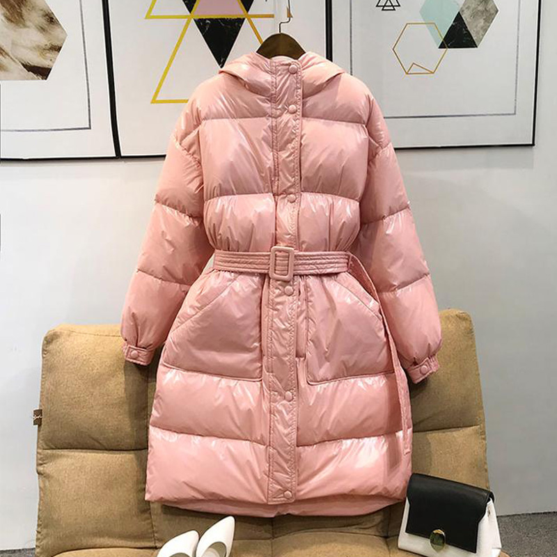 2021 Winter Down Parka Candy Color Women's Down Jacket Purple Pink 90% White Duck Down Coat Women Hooded Warm Outwear Sashes