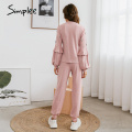 Simplee Casual solid lantern sleeves suit set O-neck faux jewels cuffs falbala women set Home soft autumn winter two piece set