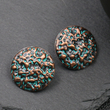 Verdigris Patina Retro Green Hammered Round Stud Earring Bohemian Ethnic Ancient Copper Greek Vintage Women Jewelry