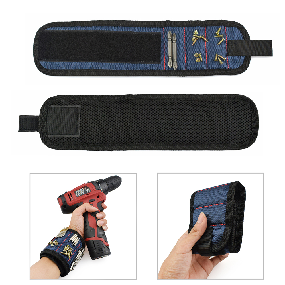 NEWACALOX Polyester Magnetic Wristband Portable Tool Bag Electrician Wrist Tool Belt Screws Nails Drill Bits Holder Repair Tools