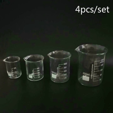 4pcs/set 25/50/100/200ml Glass Beaker For Laboratory Tests, Measuring Cup Volumetric Glassware For Lab Experiments