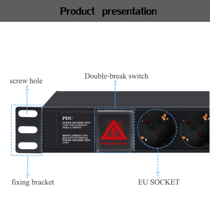 19in 1U 16A 8 Unit PDU Network Cabinet Rack European Standard Regulation Socket Outlet Switch EU Power Strip Distribution 2/3/5M