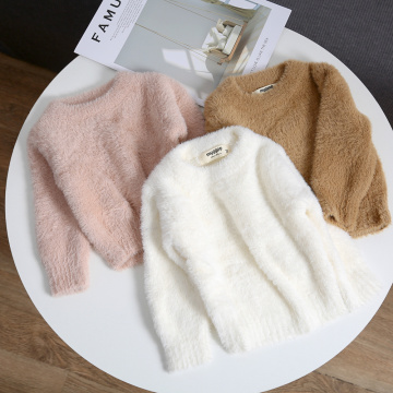 Toddler Kid´s Girls Autumn Winter Solid Sweater Long Sleeve Round Neck Artificial Mink Hair Thicken Warm Sweater Pullover Top