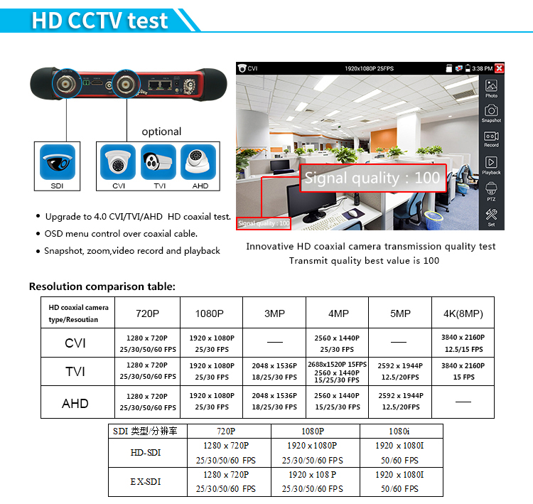 7 inch 4K ip surveillance tester CCTV tester H.265 monitor Security camera tester AHD TVI CVI camera testing tool