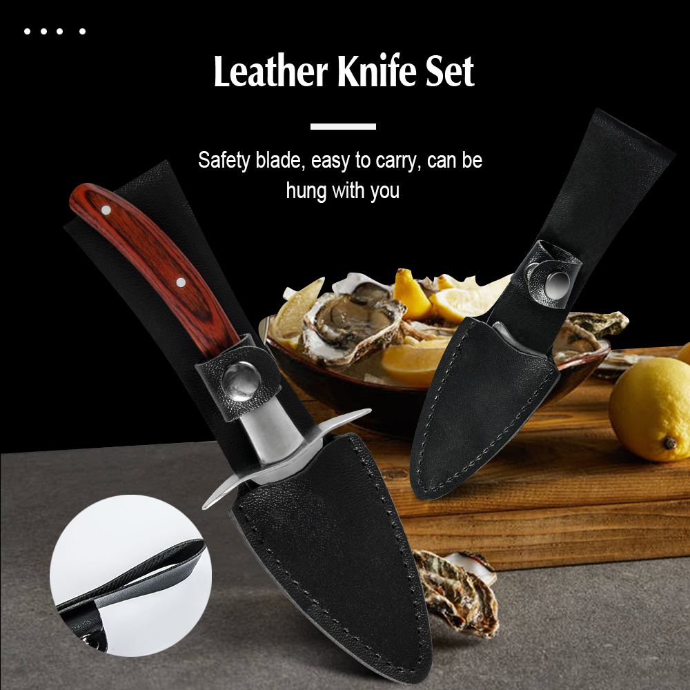 XYj Oyster Knife Set Leather Knife Cover Gloves Shell Oyster Opening Tools Knife Seafood Multi Use Steel Pry Knives Black Brown