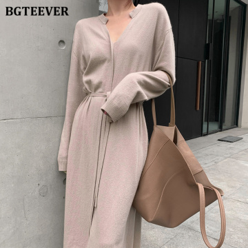 BGTEEVER Casual Loose V-neck Sweater Midi Dress Women 2020 Winter Slim Waist Lace-up Female Split Knitted A-line Dress Vestidos