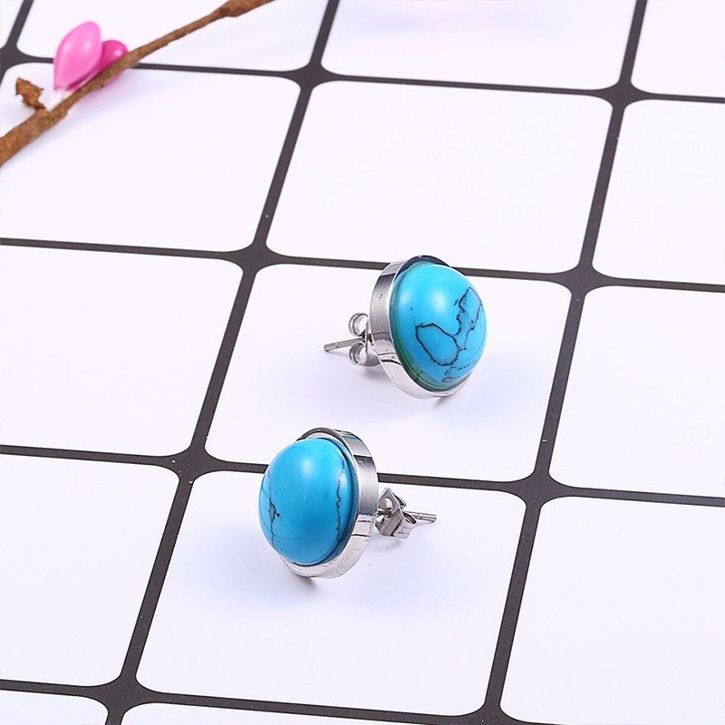 RIR Blue Stone Color Turquoises Slab Stud Earrings In Stainless Steel For Men and Women