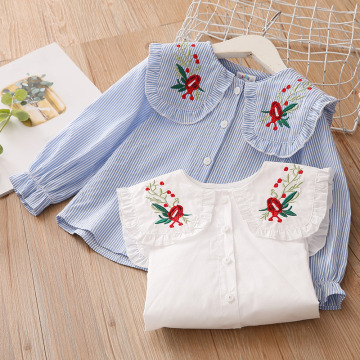 2020 New Spring Autumn 2 3 4 6 8 10 Years Cotton White Blue Striped Embroidery Flower Flare Sleeve Kids Baby Girls Blouse Shirt