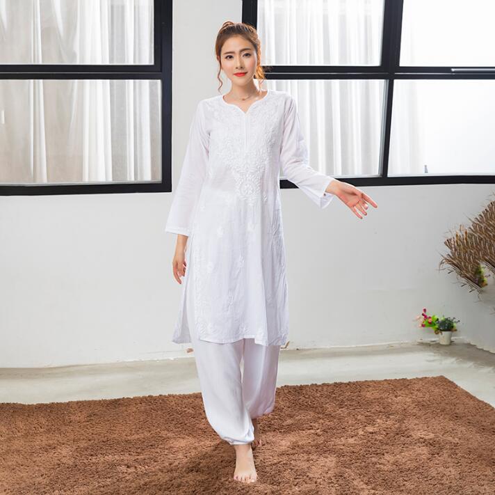 2019 India Traditional Woman Yoga Costume Cotton Hand-made Embroidery Zen Training KurtasThin Kundalini White Top Ethnic Style
