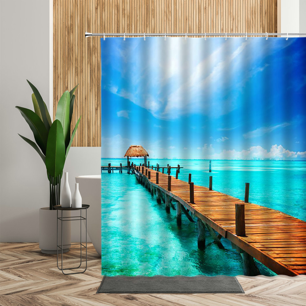 Sea Beach Scenery Shower Curtain For Bathroom Decor Sunlight Ocean Green Coconut Bath Screen Sunset Backgdrop Fabric 3D Curtains